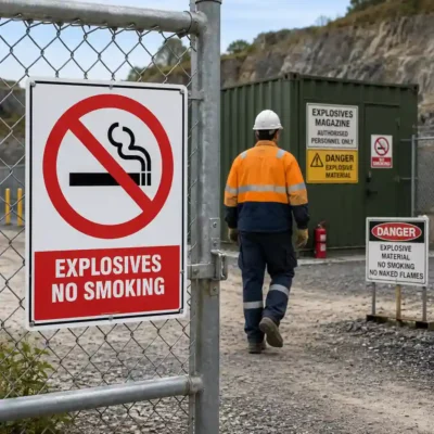 Prohibition Explosives No Smoking sign installed at the entrance to an explosives storage facility in New Zealand