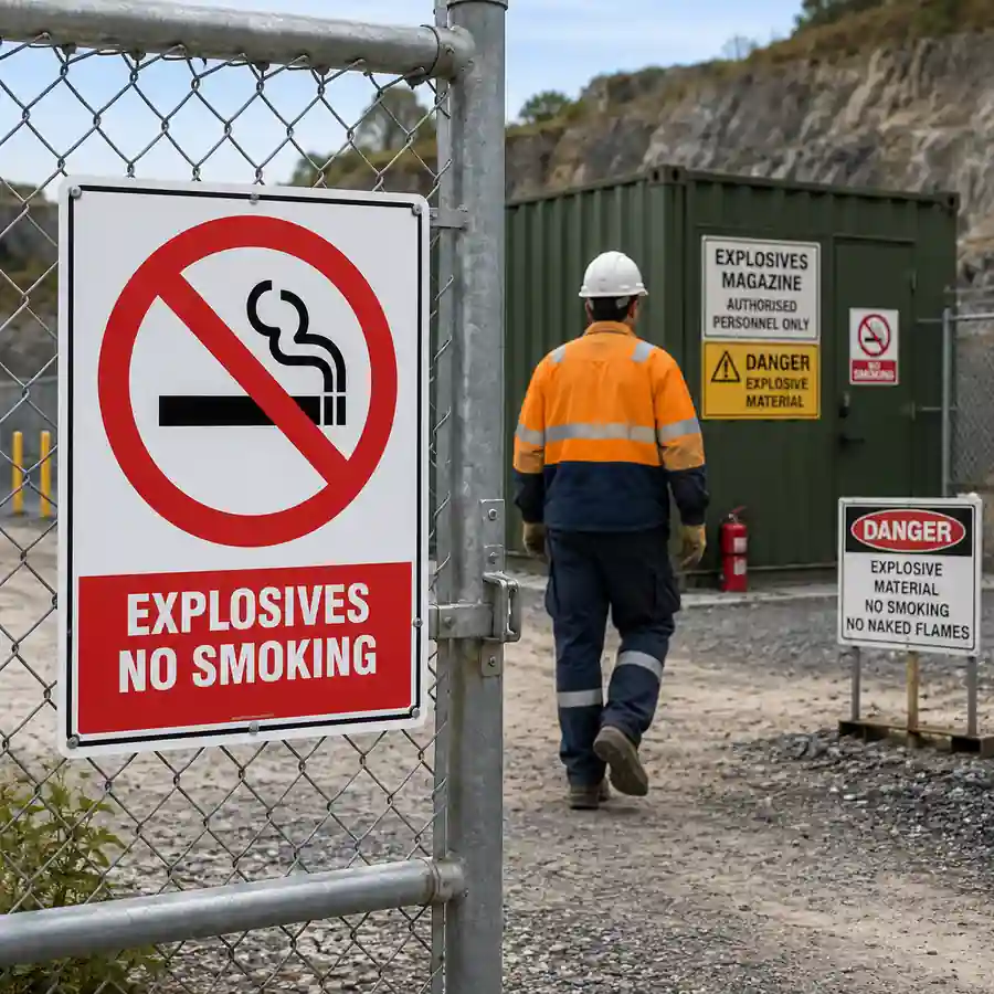 prohibition-explosives-no-smoking-sign-use-case Prohibition Explosives No Smoking sign installed at the entrance to an explosives storage facility in New Zealand