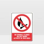 Prohibition No Sparks Flames or Hot Work Sign