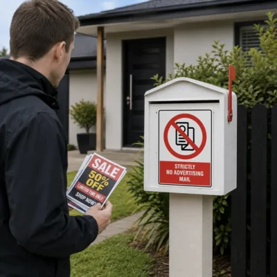 No Advertising Mail Sign displayed on a New Zealand letterbox