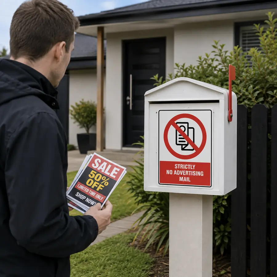 no-advertising-mail-sign-use-case No Advertising Mail Sign displayed on a New Zealand letterbox