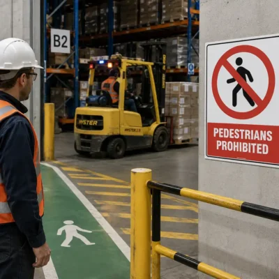 Pedestrians Prohibited Sign at the entrance to a forklift operating area in a New Zealand warehouse