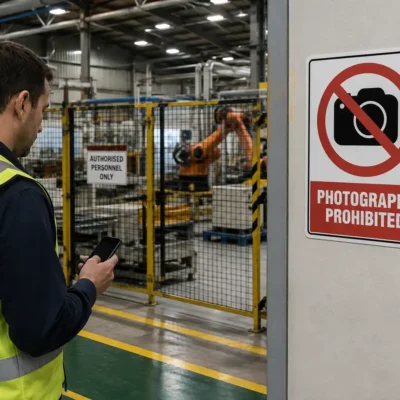 Photography Prohibited Sign displayed at entrance to restricted workplace production area
