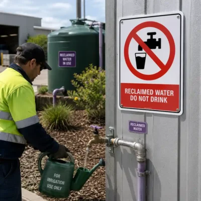 Reclaimed Water Do Not Drink Sign beside non-potable water tap used for irrigation