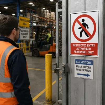 Restricted Entry Sign displayed at entrance to controlled industrial workplace area