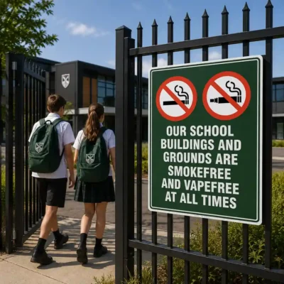 School Grounds Smoke Free Vape Free Sign displayed at a New Zealand school entrance