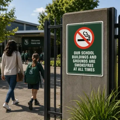 School Grounds Smokefree Sign displayed at the entrance to a New Zealand school