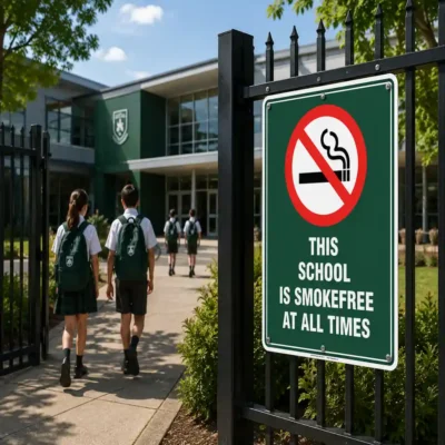 This School is Smoke Free at all Times Sign displayed at a New Zealand school entrance