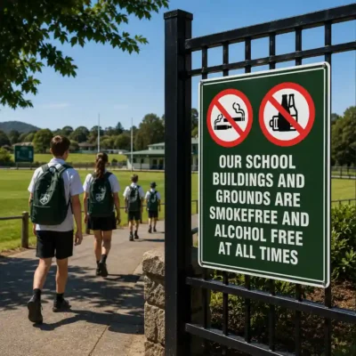 School Smoke and Alcohol Free Sign displayed at a New Zealand school entrance
