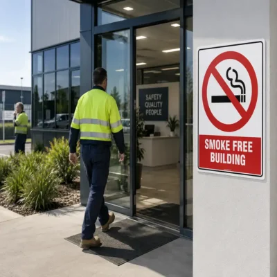 Smoke Free Building Sign displayed at a New Zealand workplace entrance