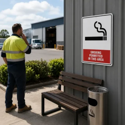 Smoking Permitted In This Area Sign displayed at a designated workplace smoking area