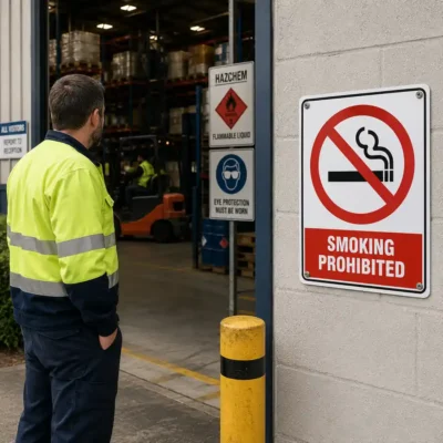 Smoking Prohibited Sign displayed at a New Zealand industrial workplace