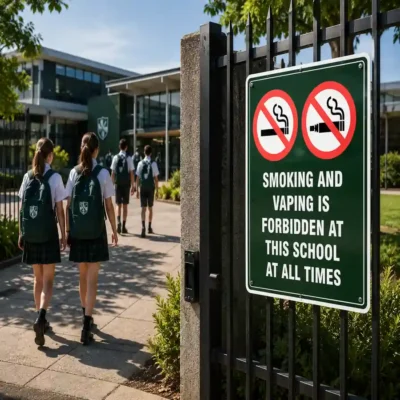 Smoking and Vaping Forbidden at School Sign displayed at a New Zealand school entrance