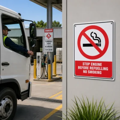 Stop Engine Sign displayed at a New Zealand warehouse loading area