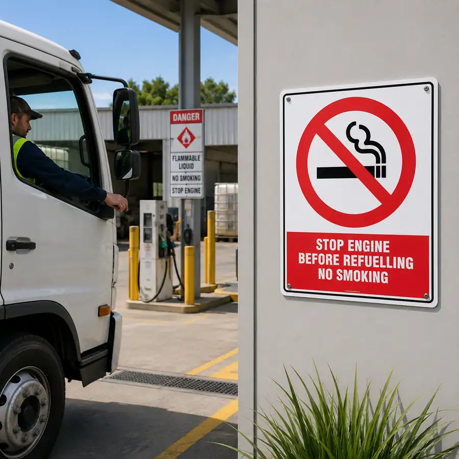 stop-engine-before-refuelling-no-smoking-use-case Stop Engine Sign displayed at a New Zealand warehouse loading area