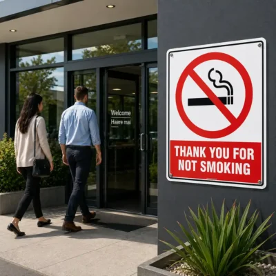 Thank You For Not Smoking Sign displayed beside the entrance to a New Zealand workplace