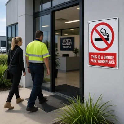 This Is A Smoke Free Workplace Sign displayed at a New Zealand workplace entrance