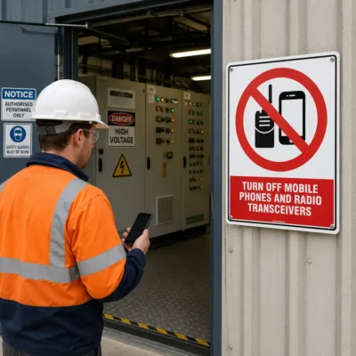 Turn Off Mobile Phones Sign displayed at entrance to restricted workplace area in New Zealand