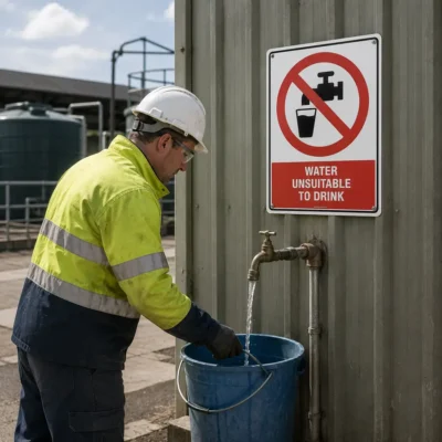 Water Unsuitable To Drink Sign displayed above non-potable water tap at New Zealand workplace