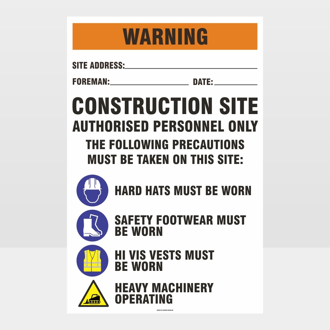 Warning Construction Site - Notice/Information Sign - HAZARD SIGNS NZ