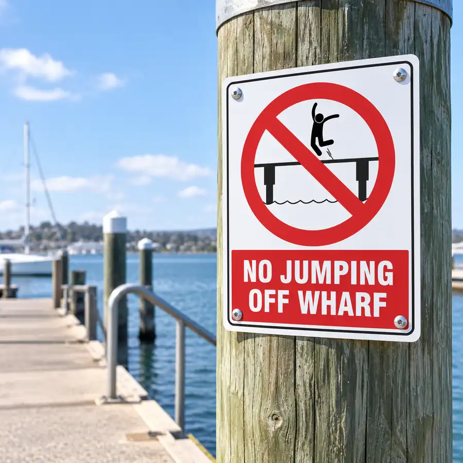no-jumping-off-wharf-use-case No Jumping Off Wharf Sign NZ