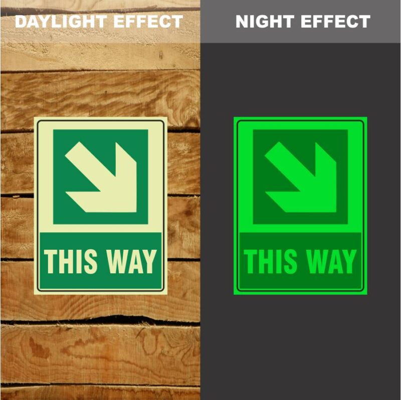 Photoluminescent This Way Arrow Down Right Sign