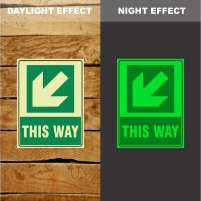 Photoluminescent This Way Arrow Down Left Sign