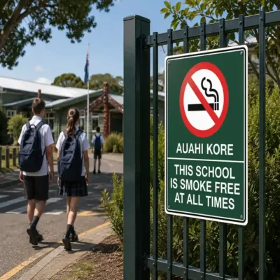 Te Reo Smoke Free School Sign displayed at the entrance to a New Zealand school.