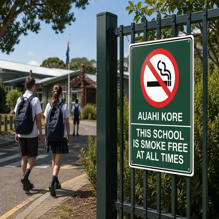 te-reo-smoke-free-school-sign-use-case Te Reo Smoke Free School Sign displayed at the entrance to a New Zealand school.
