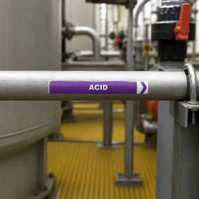 Acid pipe marker showing chemical pipe flow direction in industrial facility