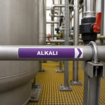 Alkali pipe marker installed on industrial pipework in a New Zealand processing plant