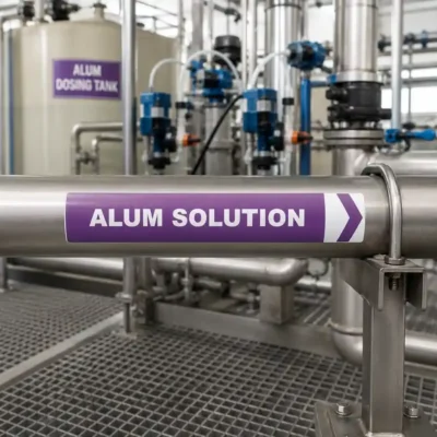Alum Solution pipe marker installed on industrial chemical dosing pipework
