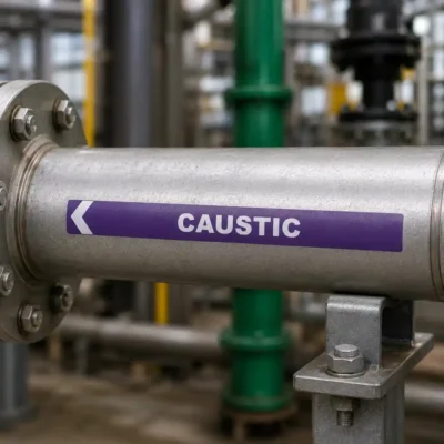 Industrial caustic pipe marker label applied to a metal chemical pipeline in an industrial plant, showing flow direction identification for hazardous liquid transport.