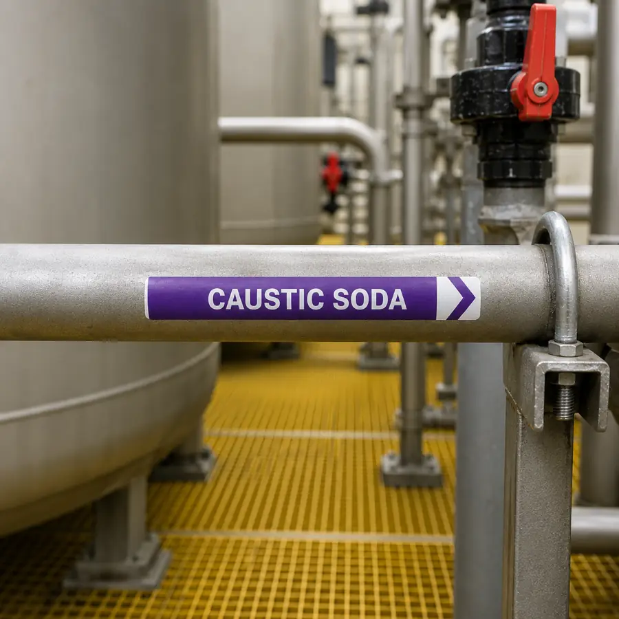 caustic-soda-pipe-marker Caustic soda pipe marker label installed on industrial chemical processing pipeline