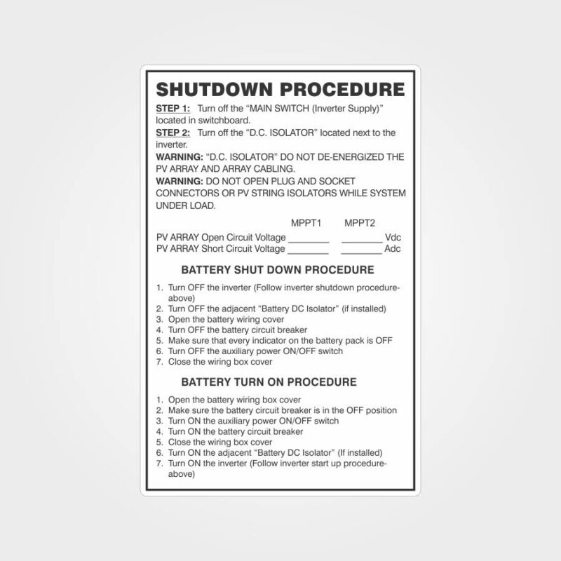 Shutdown Procedure Battery Label