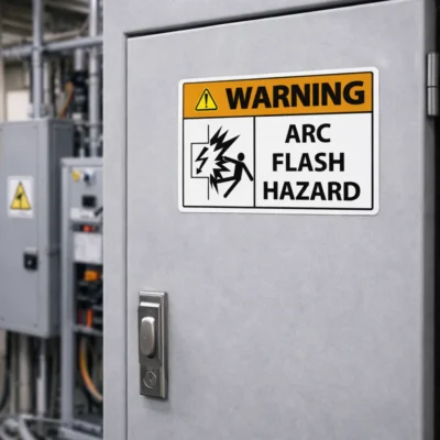 Warning arc flash hazard label installed on electrical switchboard cabinet