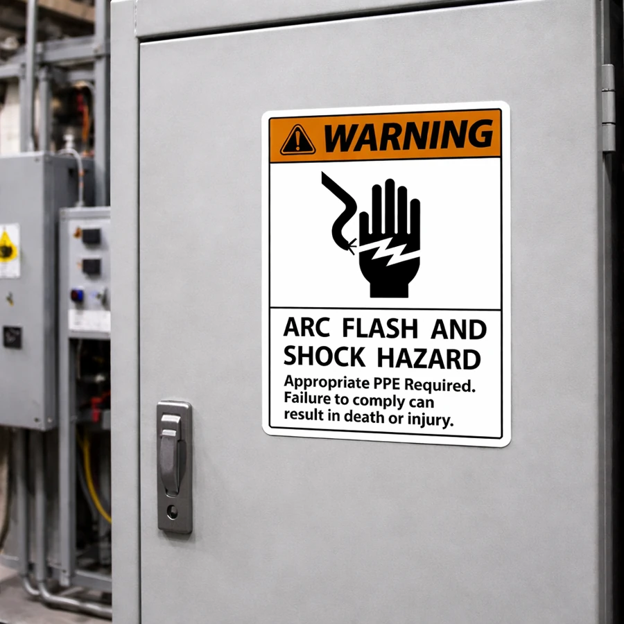 arc_flash_shock_hazard_switchboard Arc flash and shock hazard warning label installed on electrical switchboard door