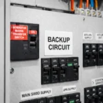 Backup circuit square label installed on electrical switchboard identifying backup power circuit