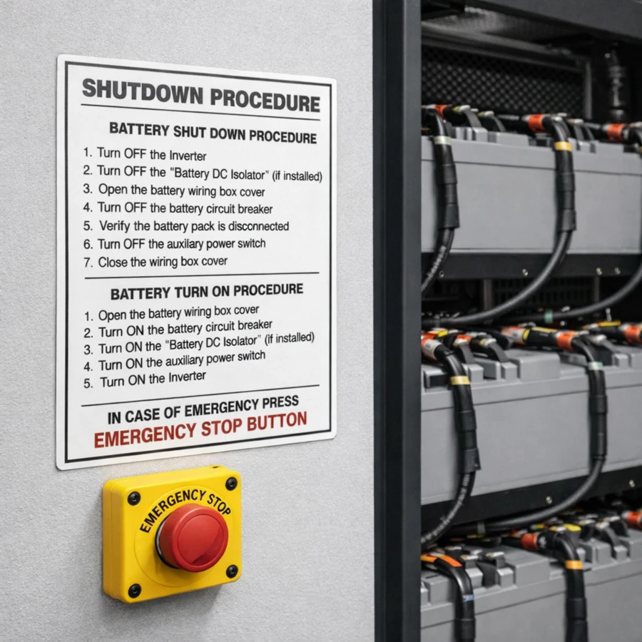 battery-shutdown-procedure-use-case-2-900 Battery shutdown procedure safety label mounted beside industrial UPS battery system with emergency stop button