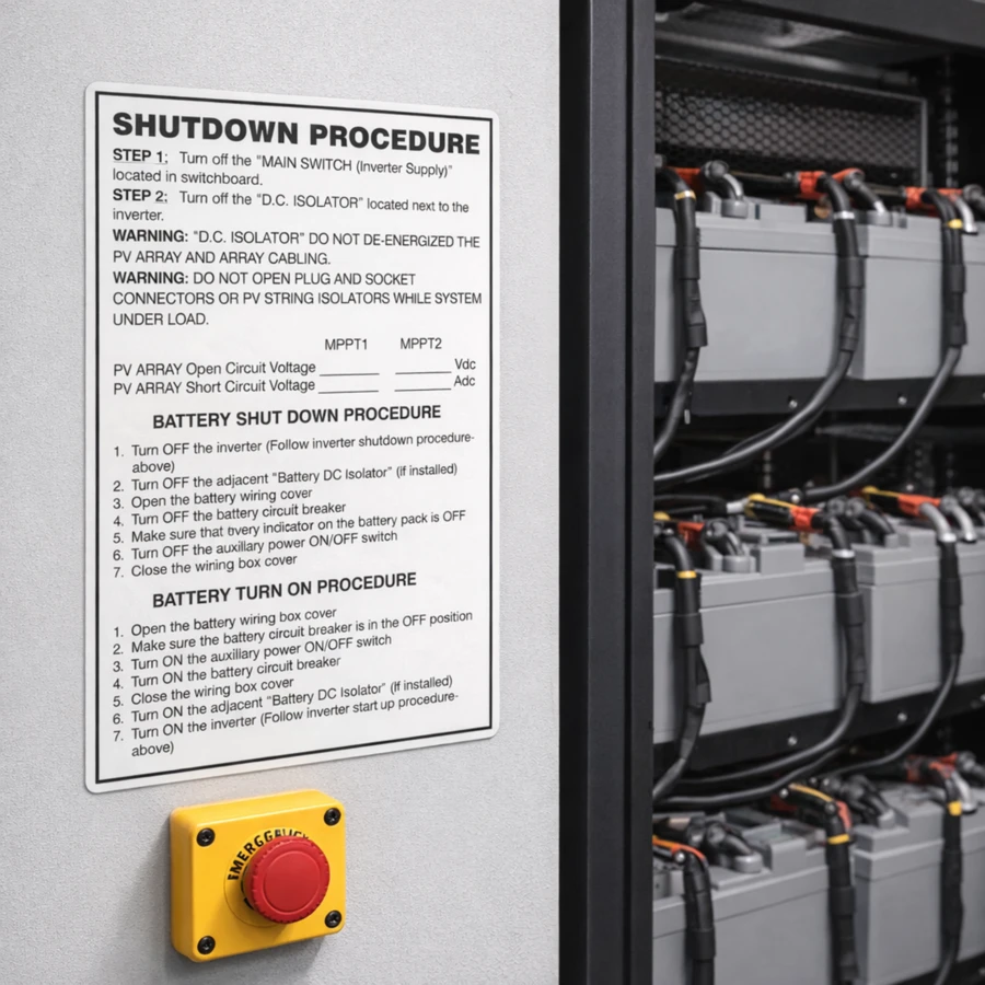battery-shutdown-procedure Battery shutdown procedure label installed beside industrial UPS battery system with emergency stop button