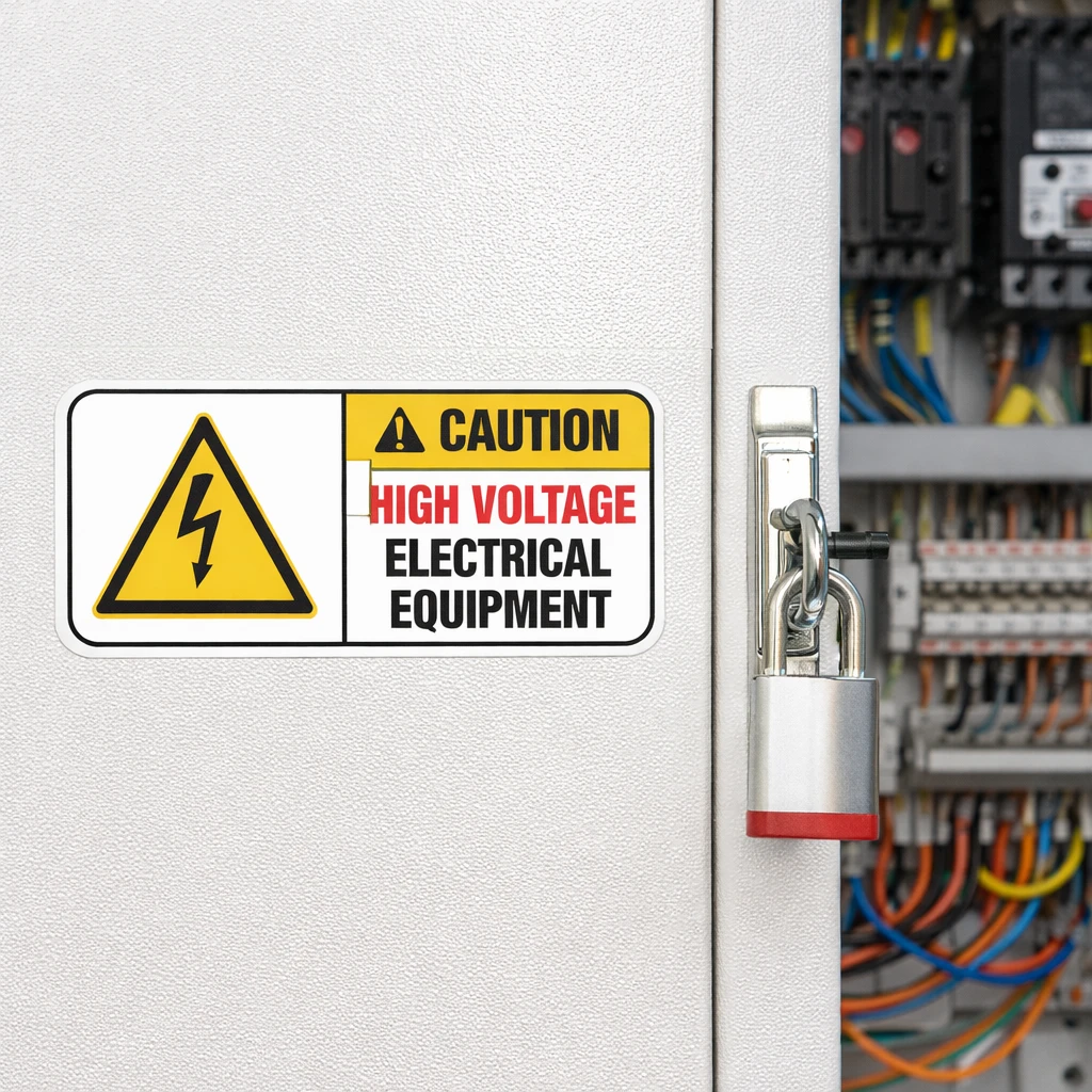 caution-high-voltage-electrical-equipment-use-case Caution High Voltage Electrical Equipment safety label for switchboards and electrical panels