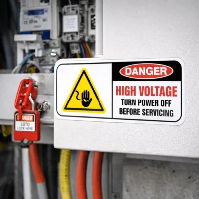Danger High Voltage Turn Power Off Before Servicing electrical safety label for switchboards and electrical equipment