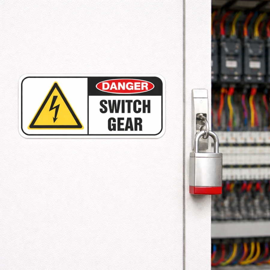 danger-switch-gear-use-case-900 Danger Switch Gear warning label installed on an electrical switchgear cabinet