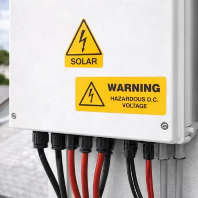 warning hazardous DC voltage label installed on solar inverter cabinet