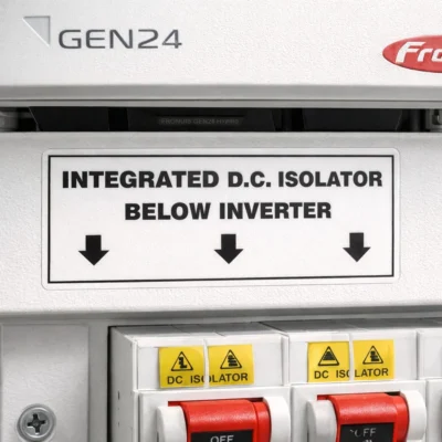 Integrated DC isolator below inverter label installed on solar PV inverter system