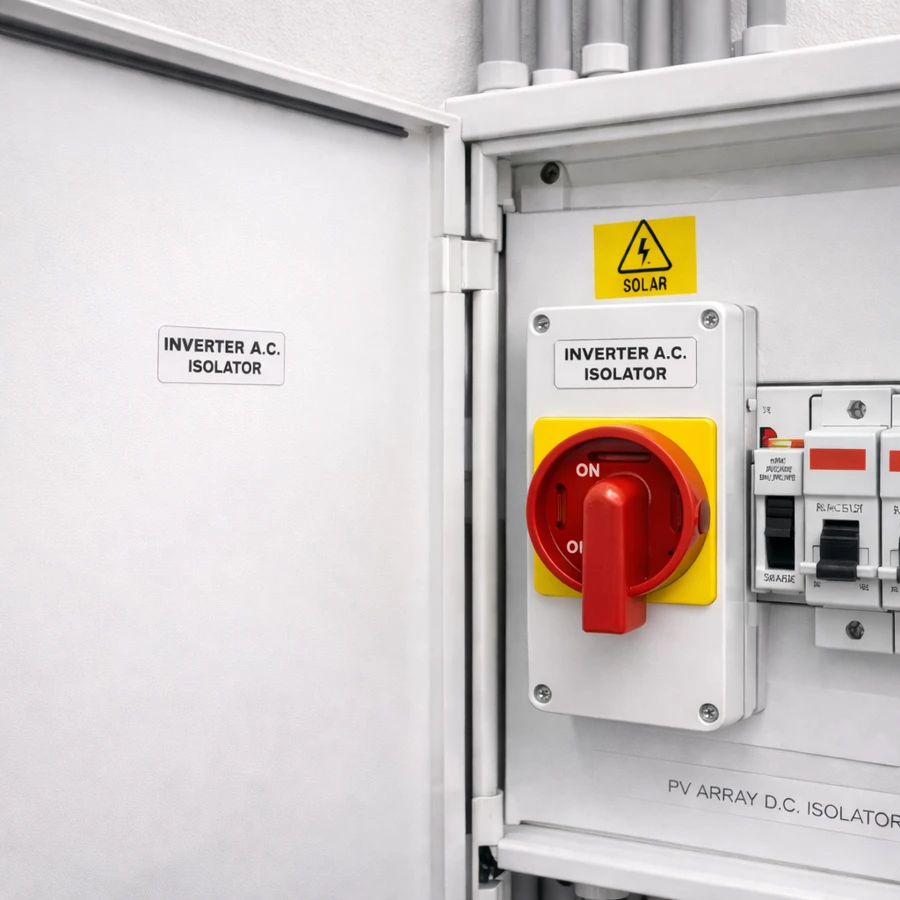 inverter-ac-isolator-use-case-2-900 inverter AC isolator label installed beside solar inverter AC isolator switch