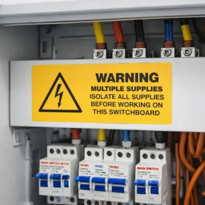 Warning multiple supplies electrical label installed on switchboard indicating multiple power sources