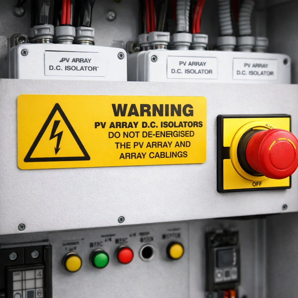 pv-array-warning-dc-isolators-use-case-900 Warning PV Array DC Isolators label installed beside solar DC isolator switch on photovoltaic inverter system