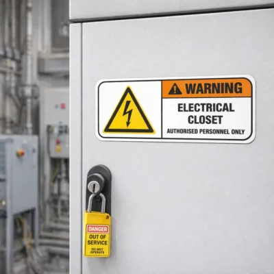 Warning Electrical Closet safety label on electrical cabinet door authorised personnel only