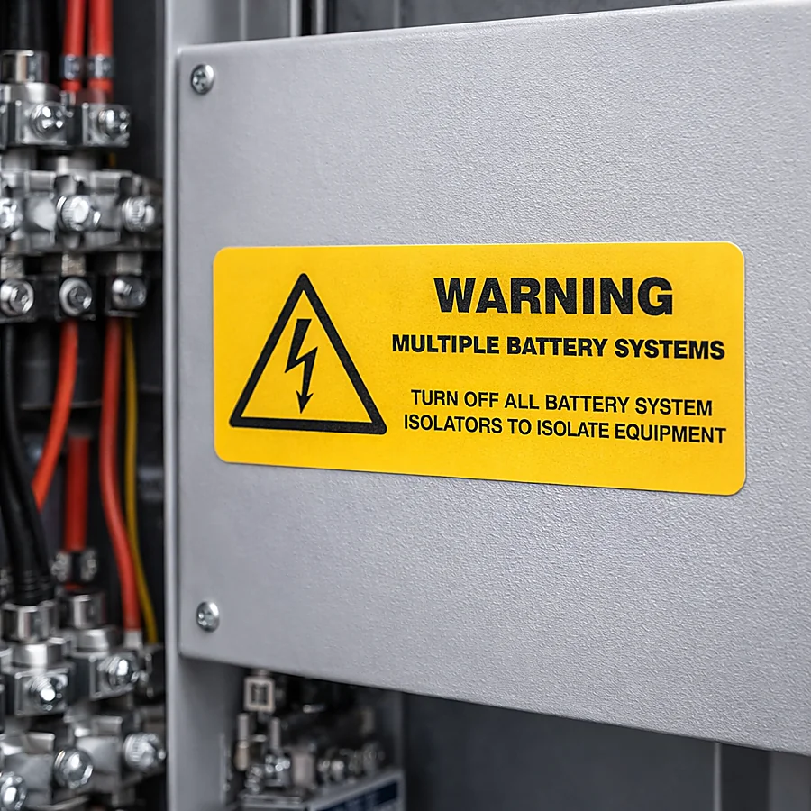 warning_multiple_battery_systems Warning multiple battery systems label installed on battery cabinet